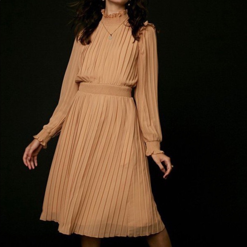 Pleated Chiffon Ruffle Neck Midi Dress